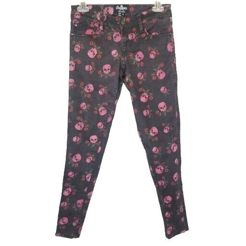 Royal Bones Daang Goodman Womens Skull Rose Print Skinny Jeans Size 0 Halloween